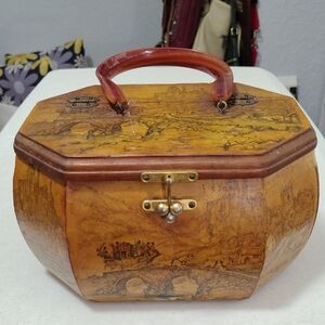 Vintage Wood Box Handbag with Amber Handle - Yellow Brown